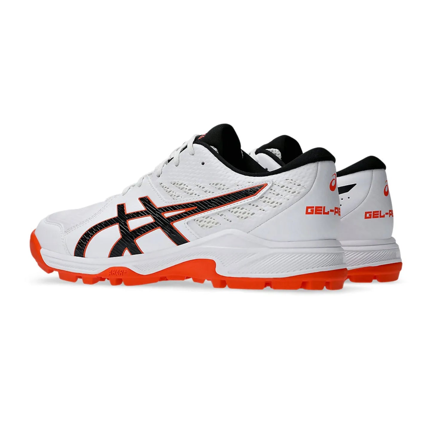 White running shoes with black and orange accents on a white background
