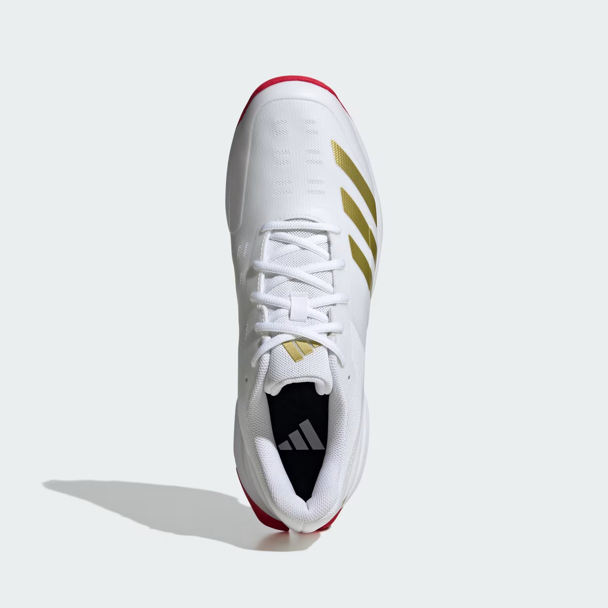 White athletic shoe with gold stripes on a white background