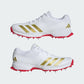 White sports shoes with gold stripes and red soles on a white background