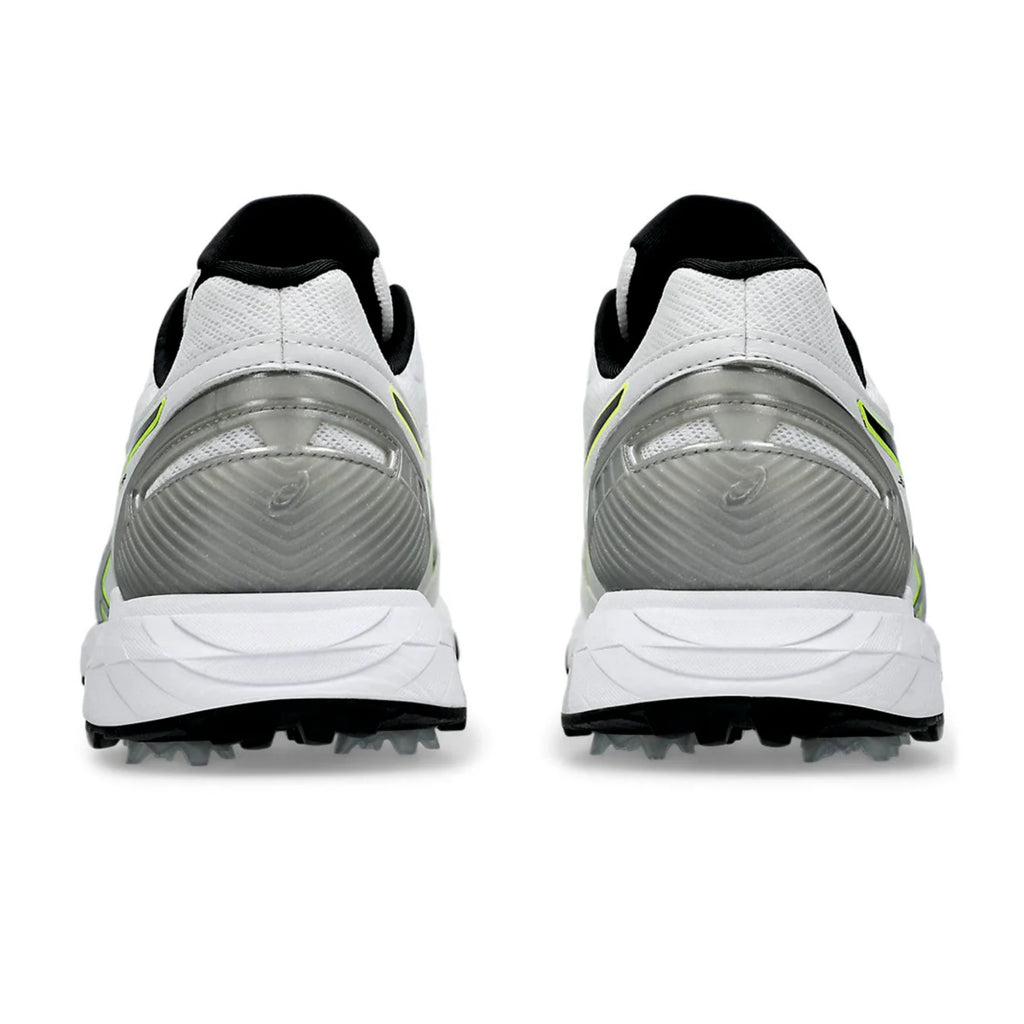ASICS 350 Not Out FF white black cricket shoes – heel and back view