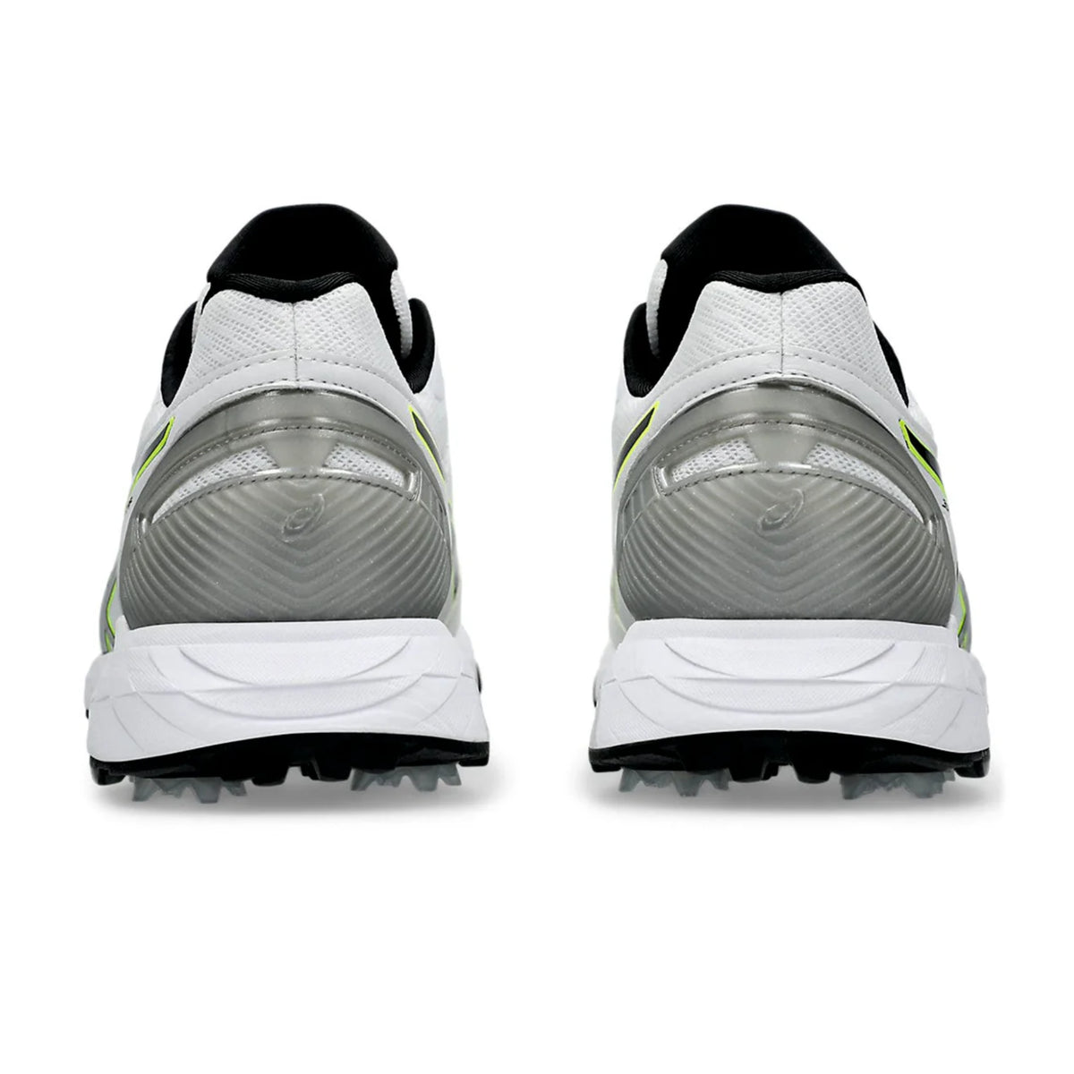 ASICS 350 Not Out FF white black cricket shoes – heel and back view