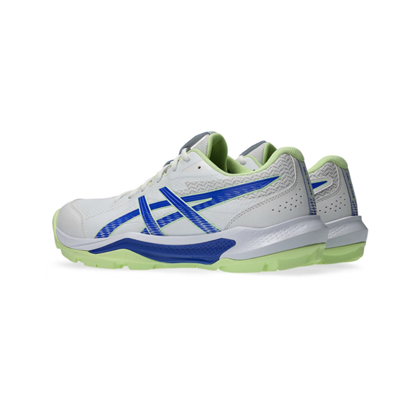 Rear angled view of Asics Gel-Peake cricket shoes showing blue midsole cushioning and green rubber studs