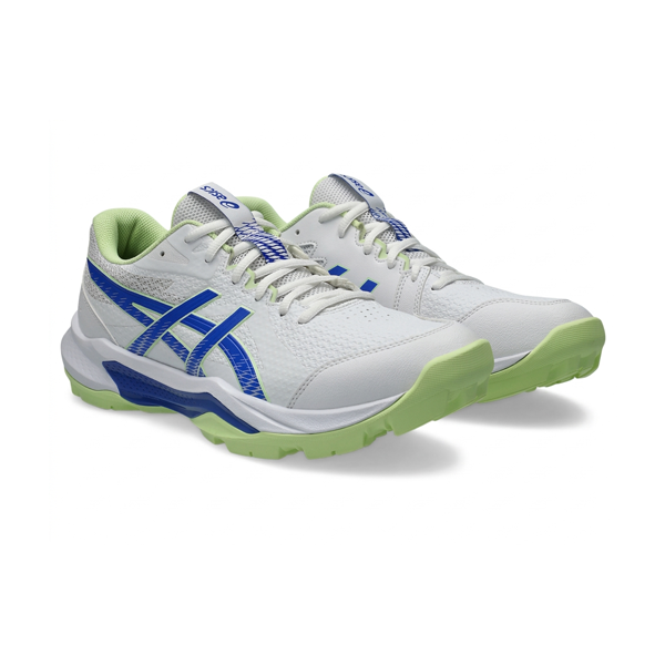 Heel view of Asics Gel-Peake cricket shoes with Gel-Peake branding and green rubber outsole