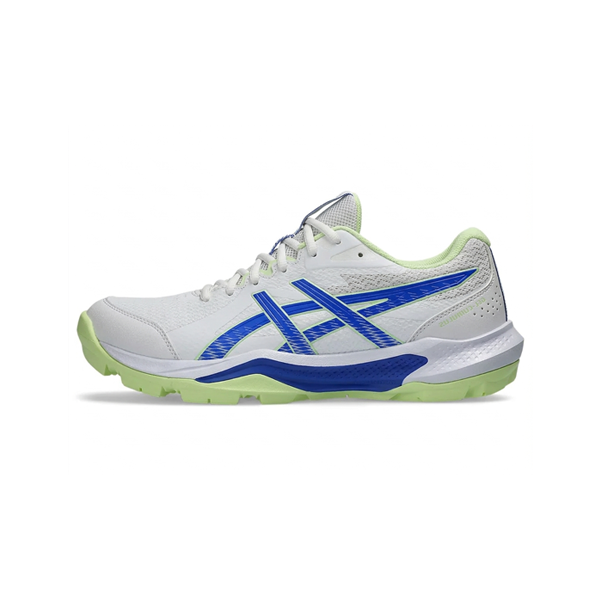 Asics Gel-Peake cricket shoes in white with blue stripes and light green rubber sole, side view
