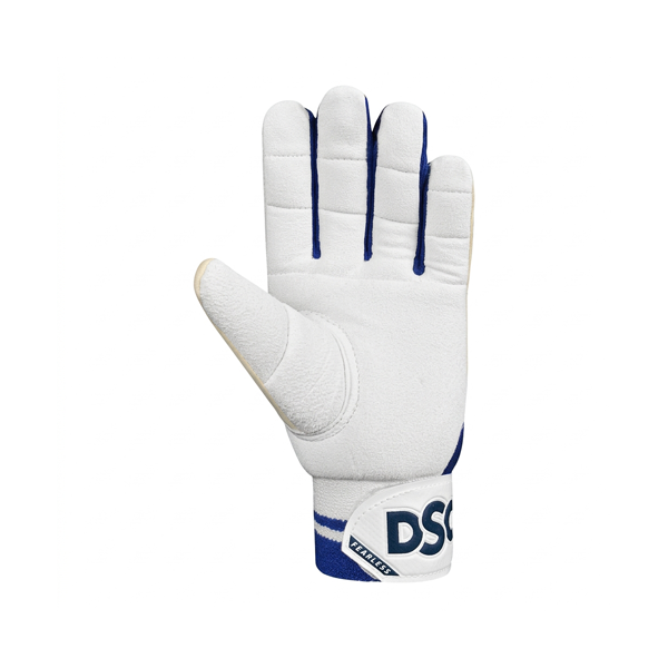 Palm side of DSC cricket inner gloves with soft white palm and Fearless wrist strap