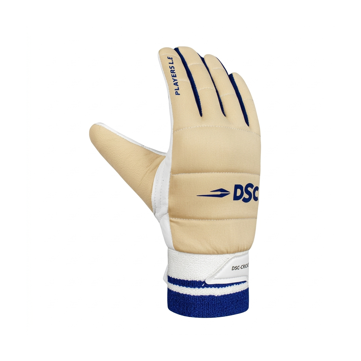 DSC Players L.E cricket inner gloves in cream and blue, padded fingers, Apex Stride Sports Karachi