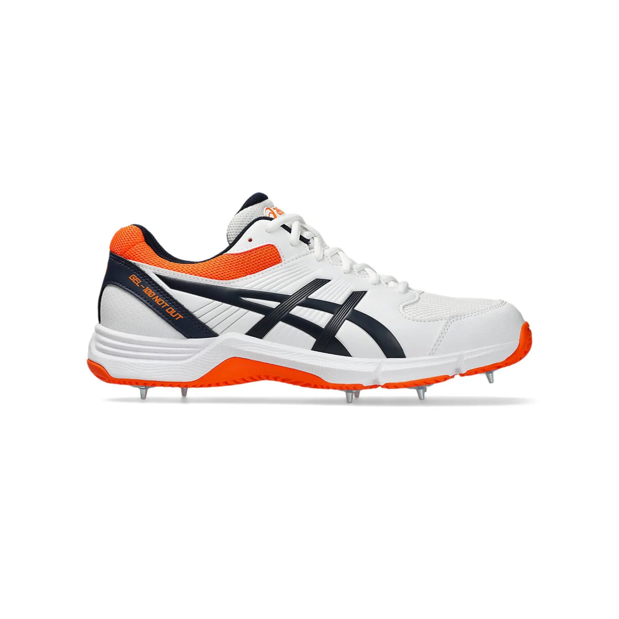 White sports shoe with orange and black accents on a white background