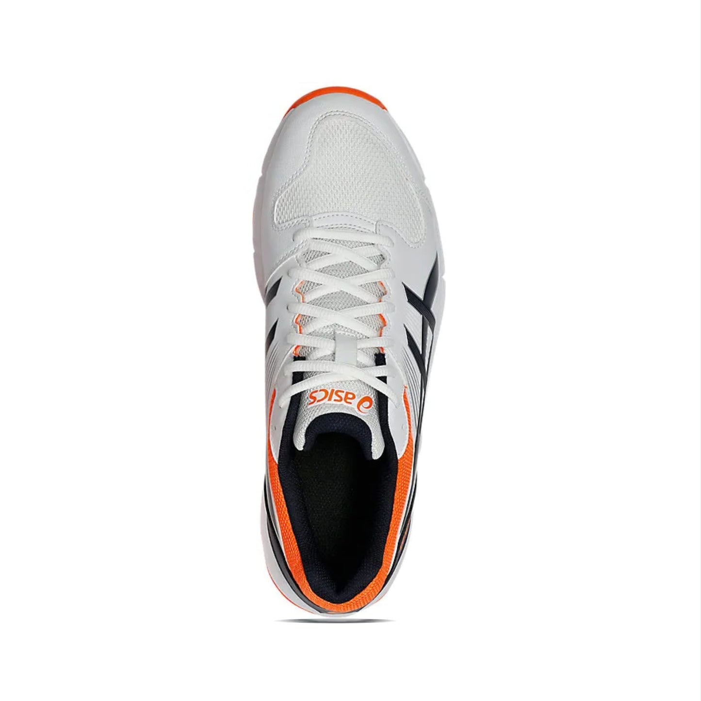 White running shoe with orange accents on a white background