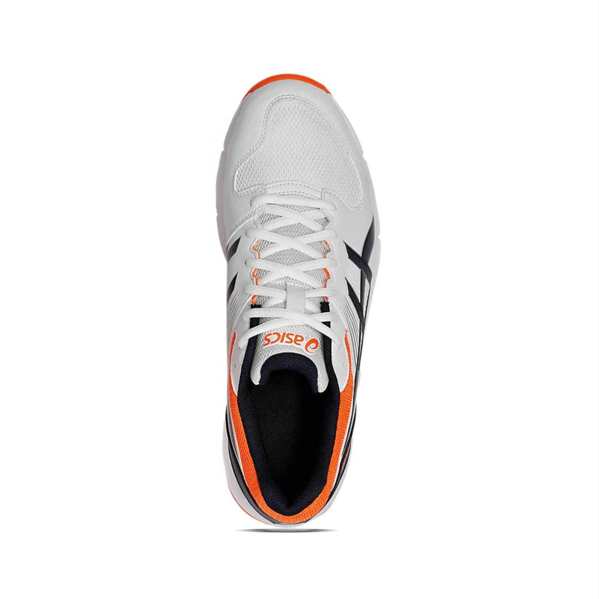 White running shoe with orange accents on a white background