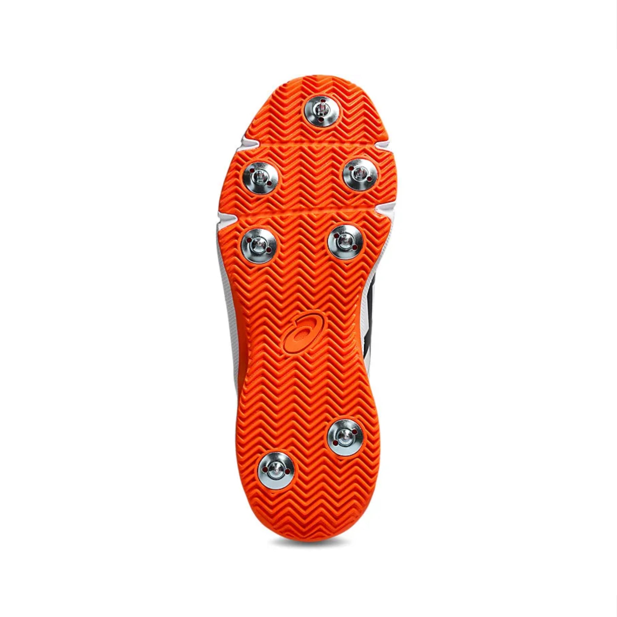 Close-up of orange cleat sole with metal studs on a white background
