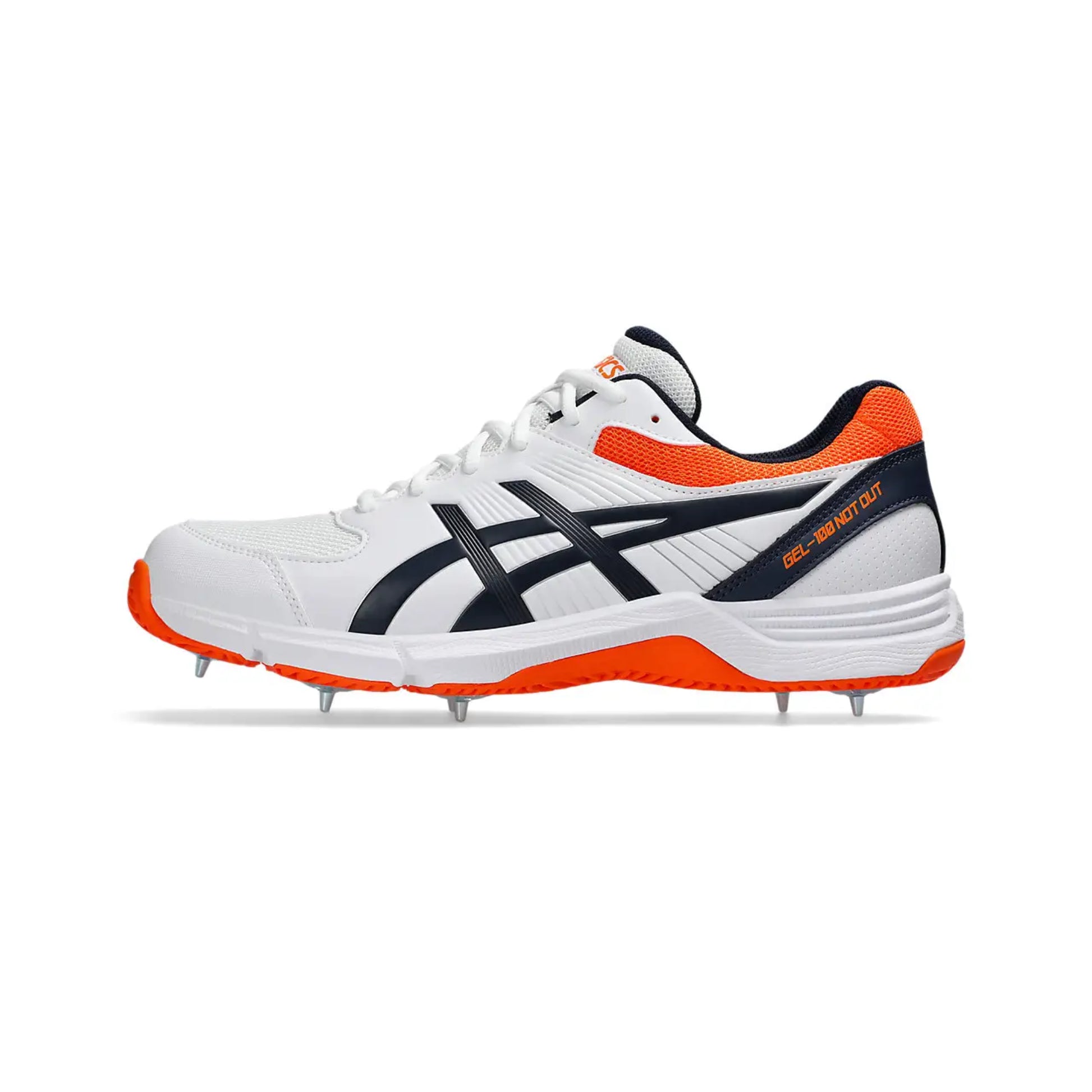 White sports shoe with orange and black accents on a white background