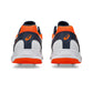 Pair of sports shoes with orange and black design on a white background