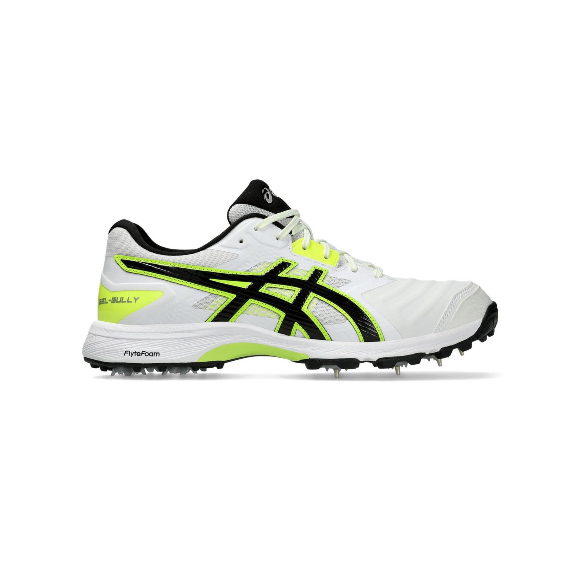 White and black sports shoe with green accents on a white background