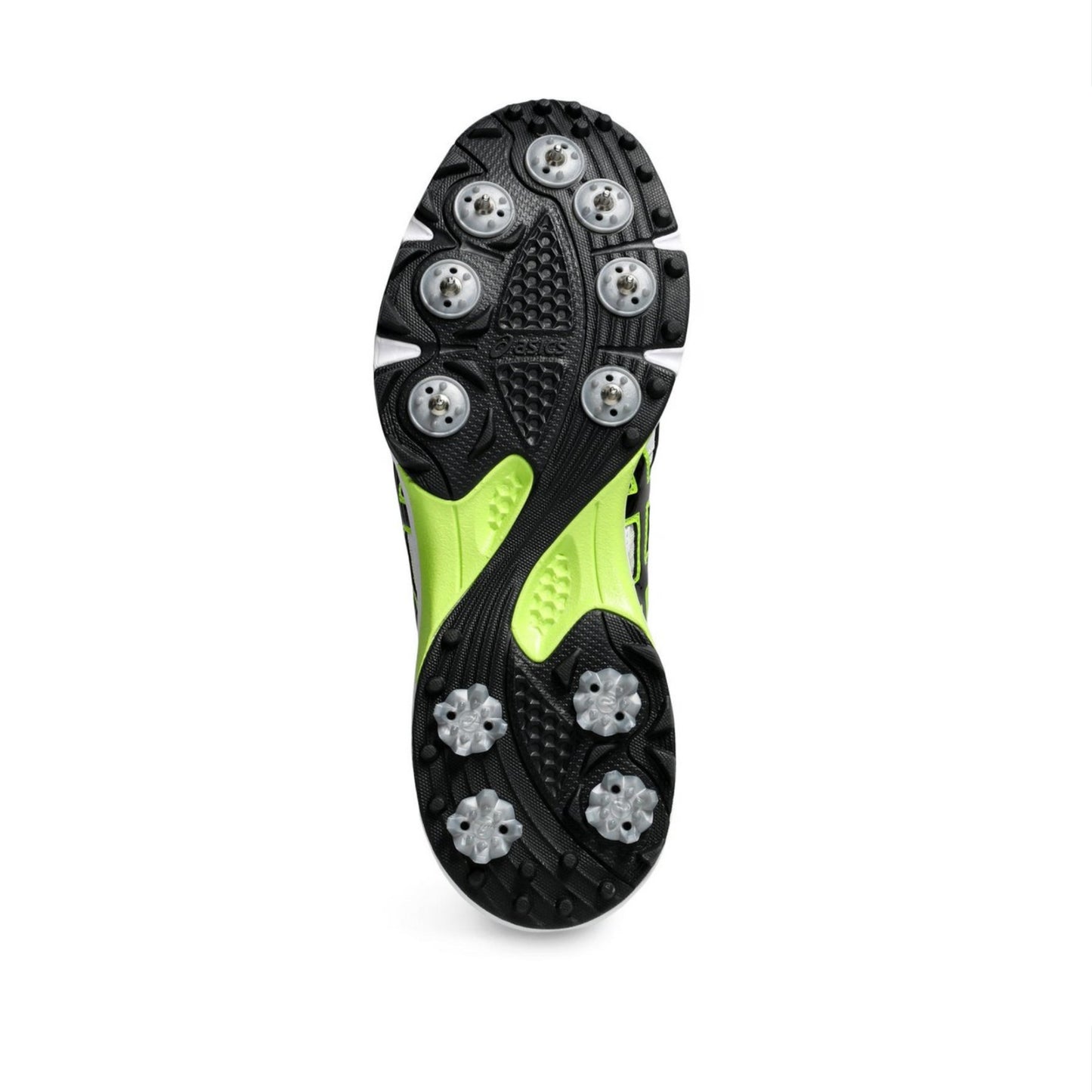 Close-up of a sports shoe sole with cleats on a white background