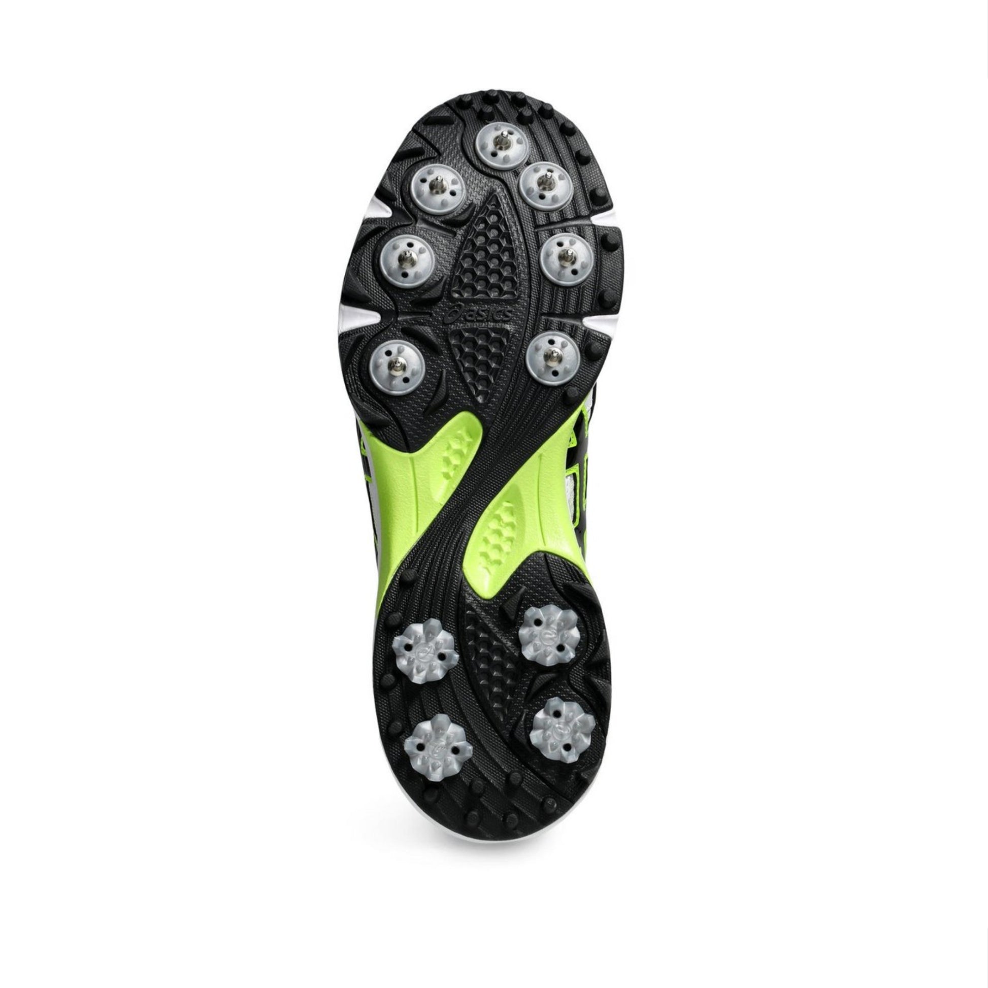 Close-up of a sports shoe sole with cleats on a white background