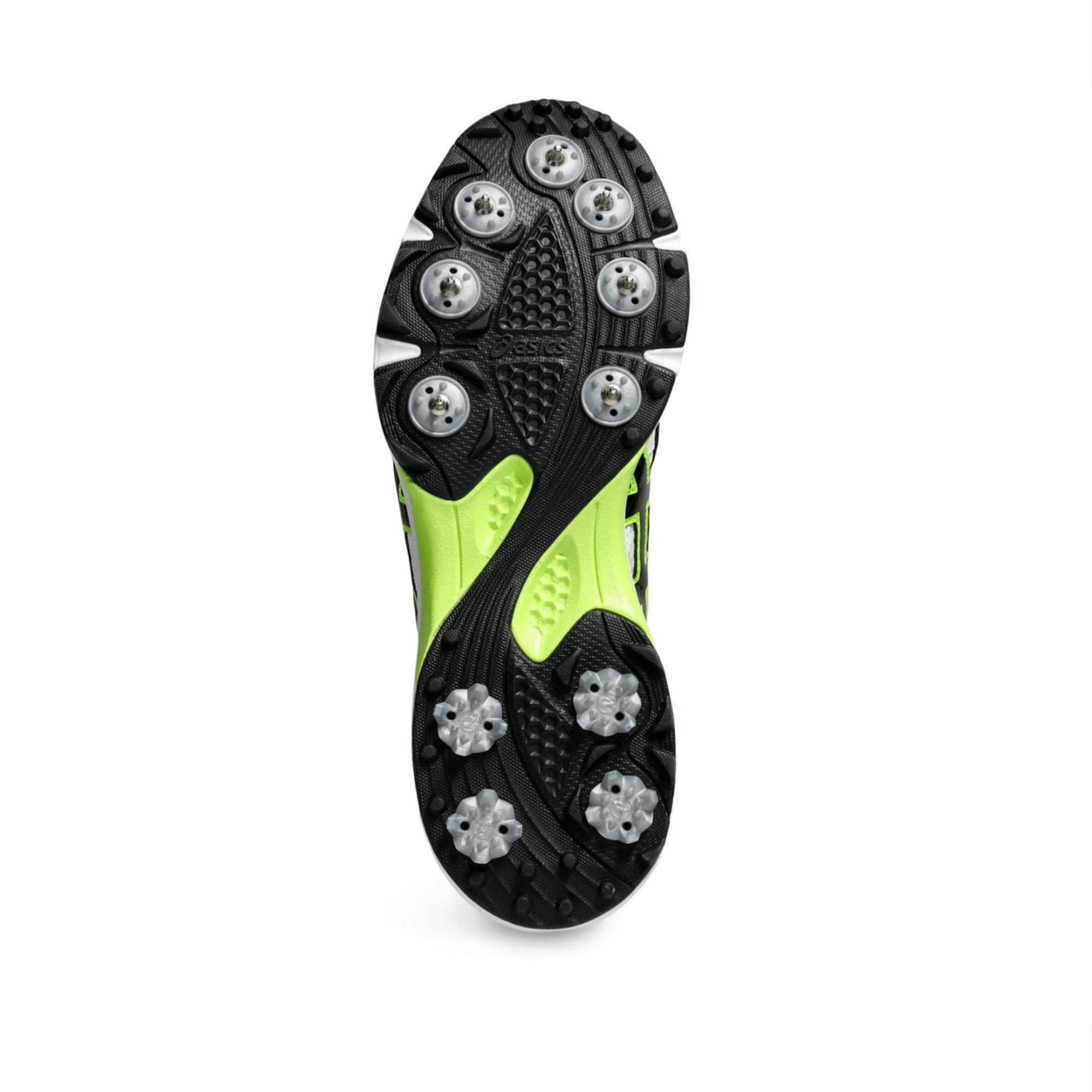 Close-up of a sports shoe sole with cleats on a white background