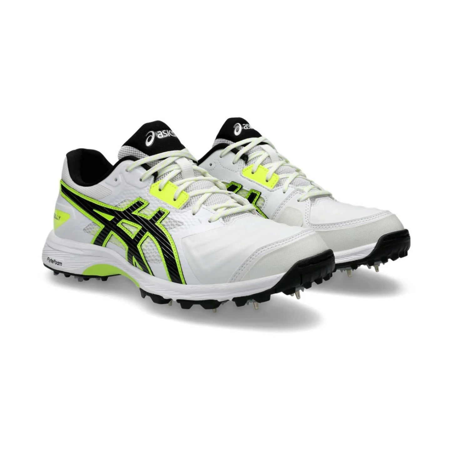 White golf shoes with black and green accents on a white background