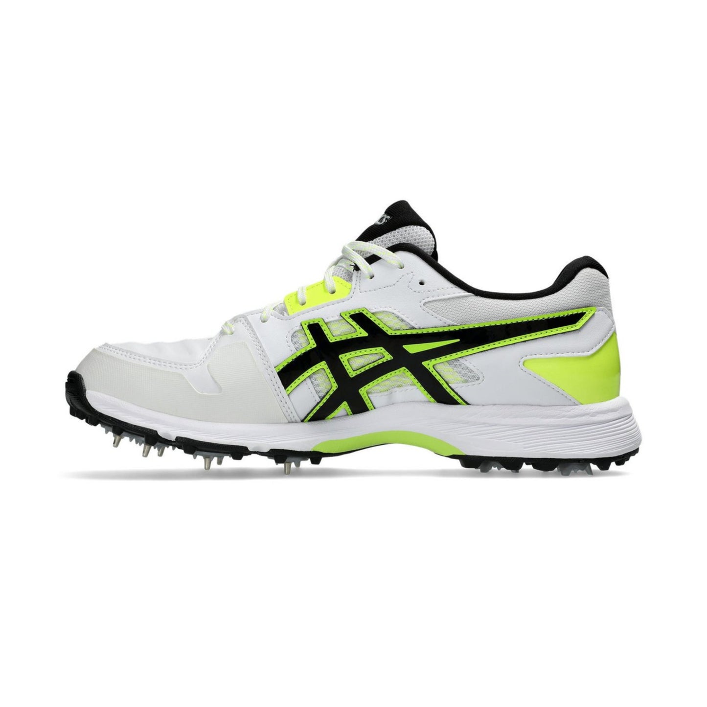 White sports shoe with black and green accents on a white background