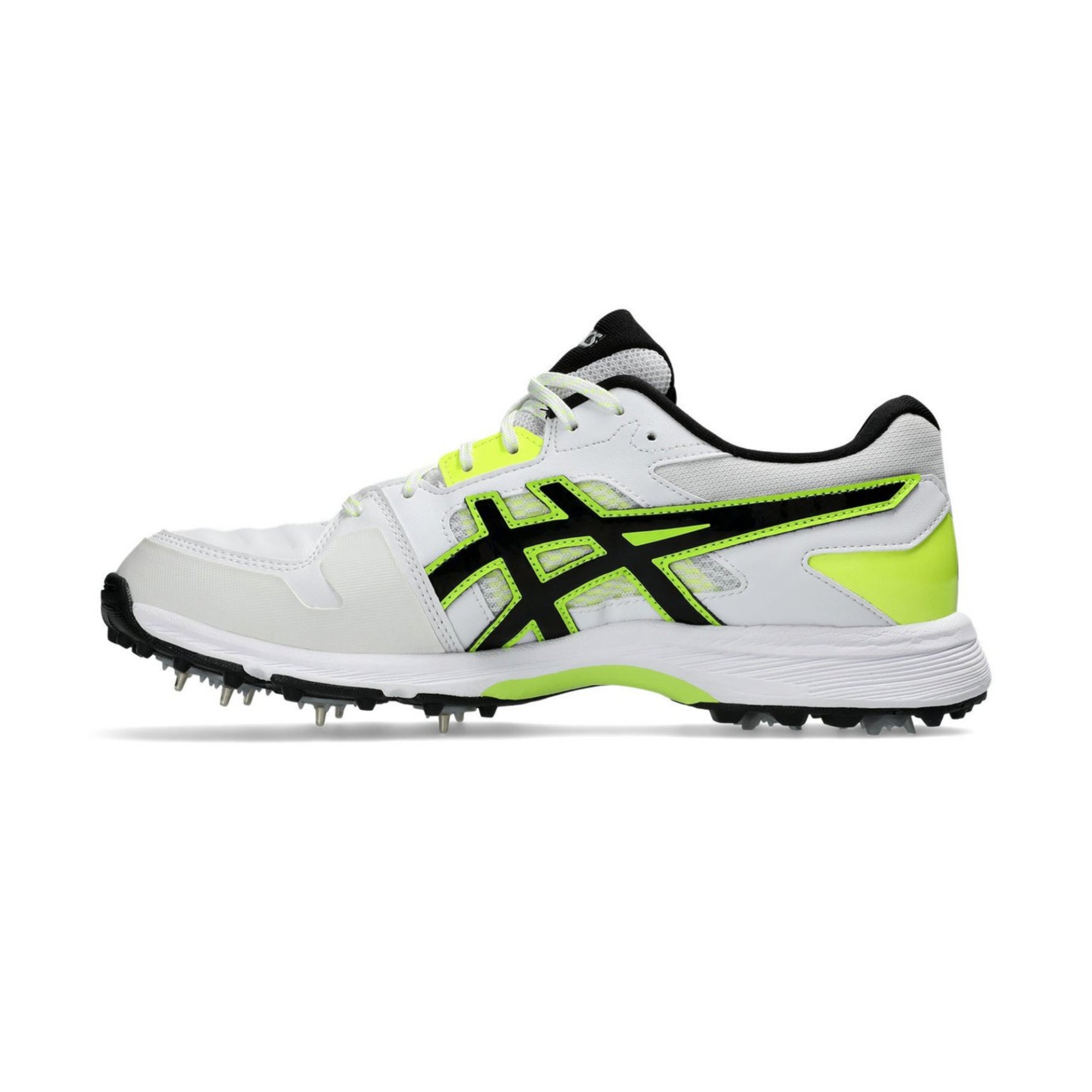 White sports shoe with black and green accents on a white background