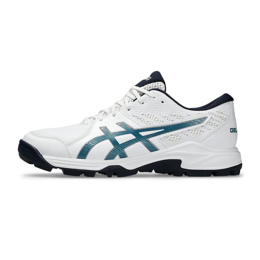 White and blue athletic shoe on a white background