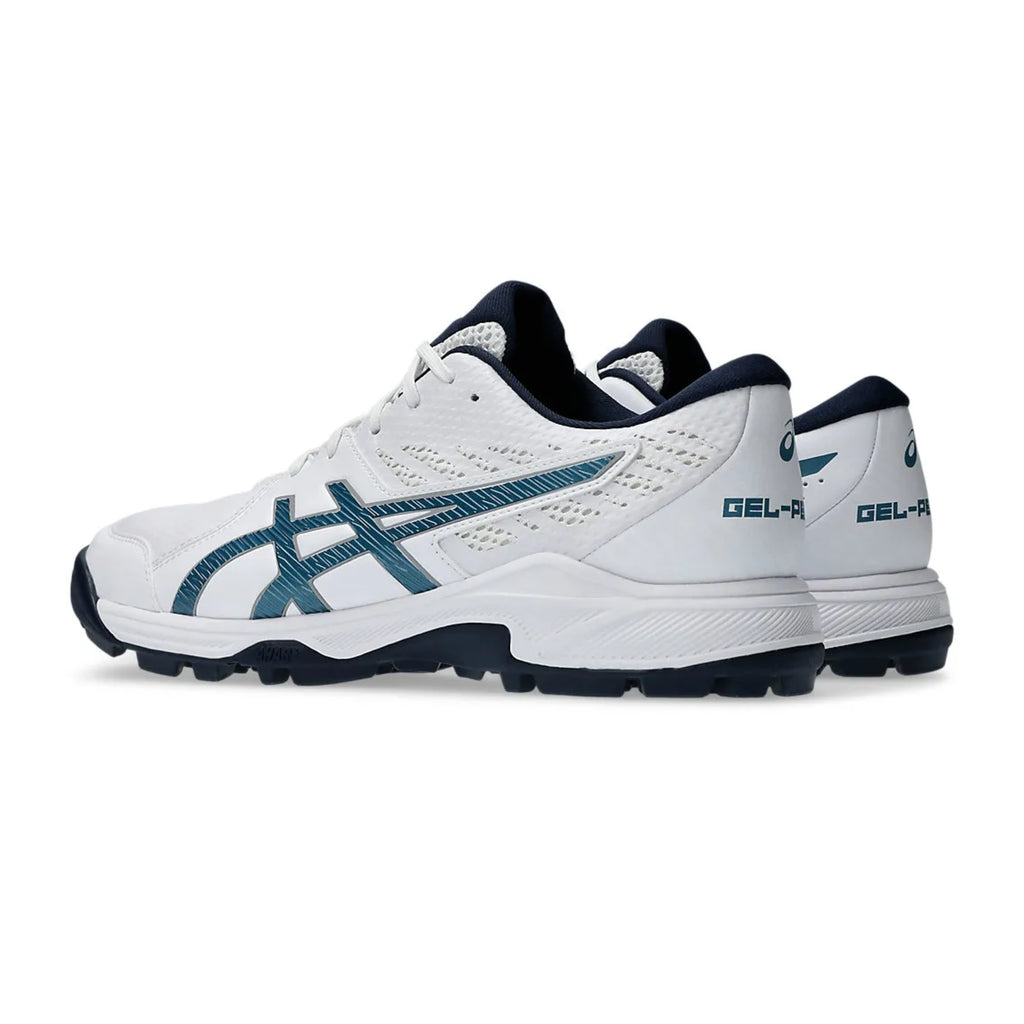 White running shoes with blue accents on a white background