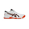 White sports shoe with black and orange accents on a white background
