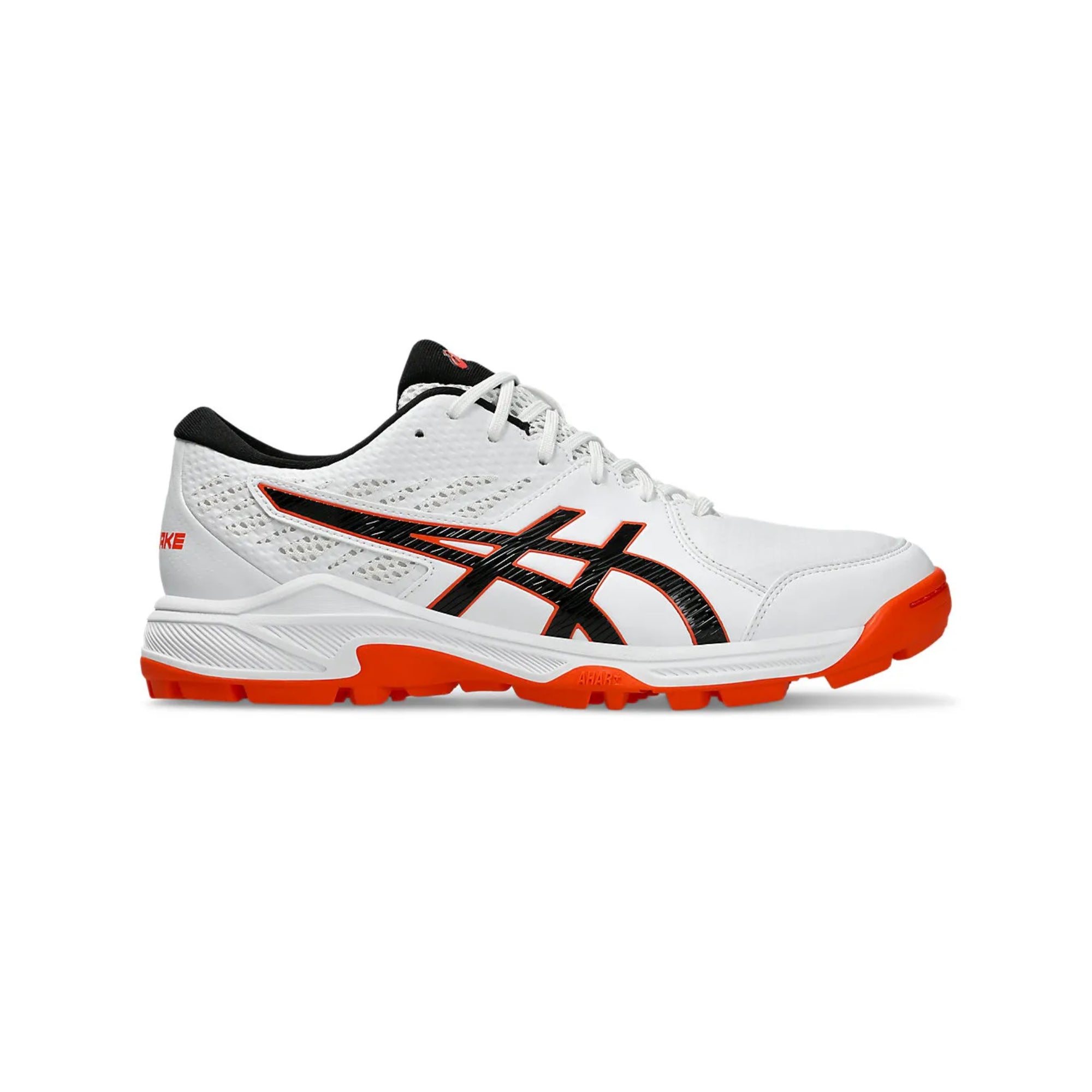 White sports shoe with black and orange accents on a white background