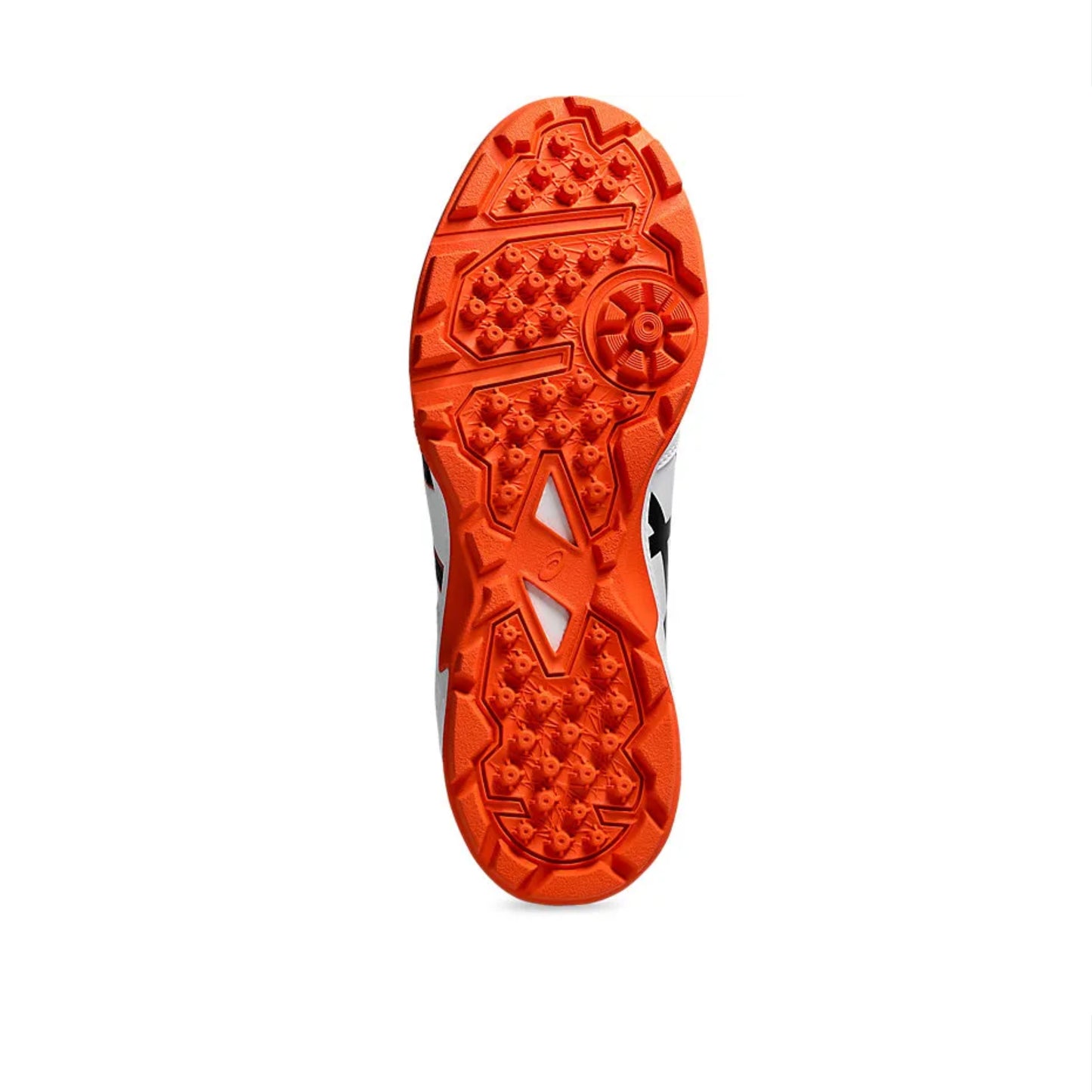 Close-up of an orange athletic shoe sole on a white background