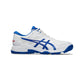 White and blue athletic shoe on a white background