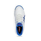 White and blue athletic shoe with red accents on a white background