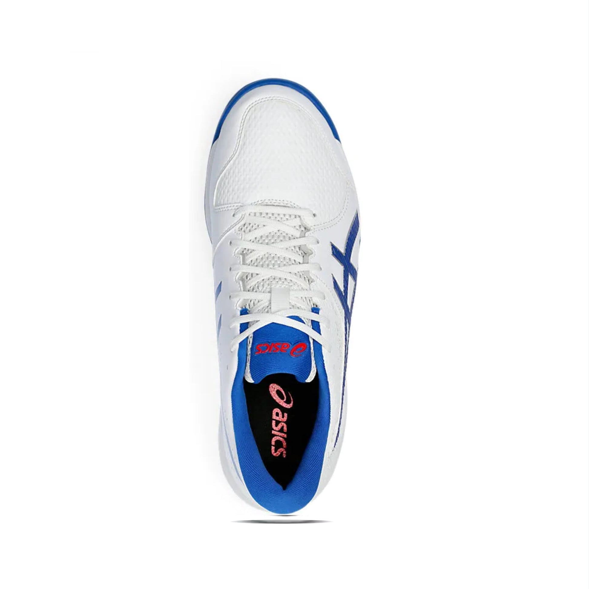 White and blue athletic shoe with red accents on a white background