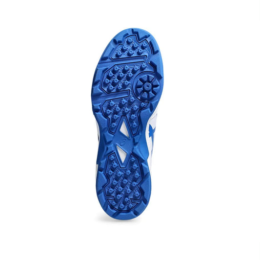 Blue athletic shoe sole with textured pattern on a white background