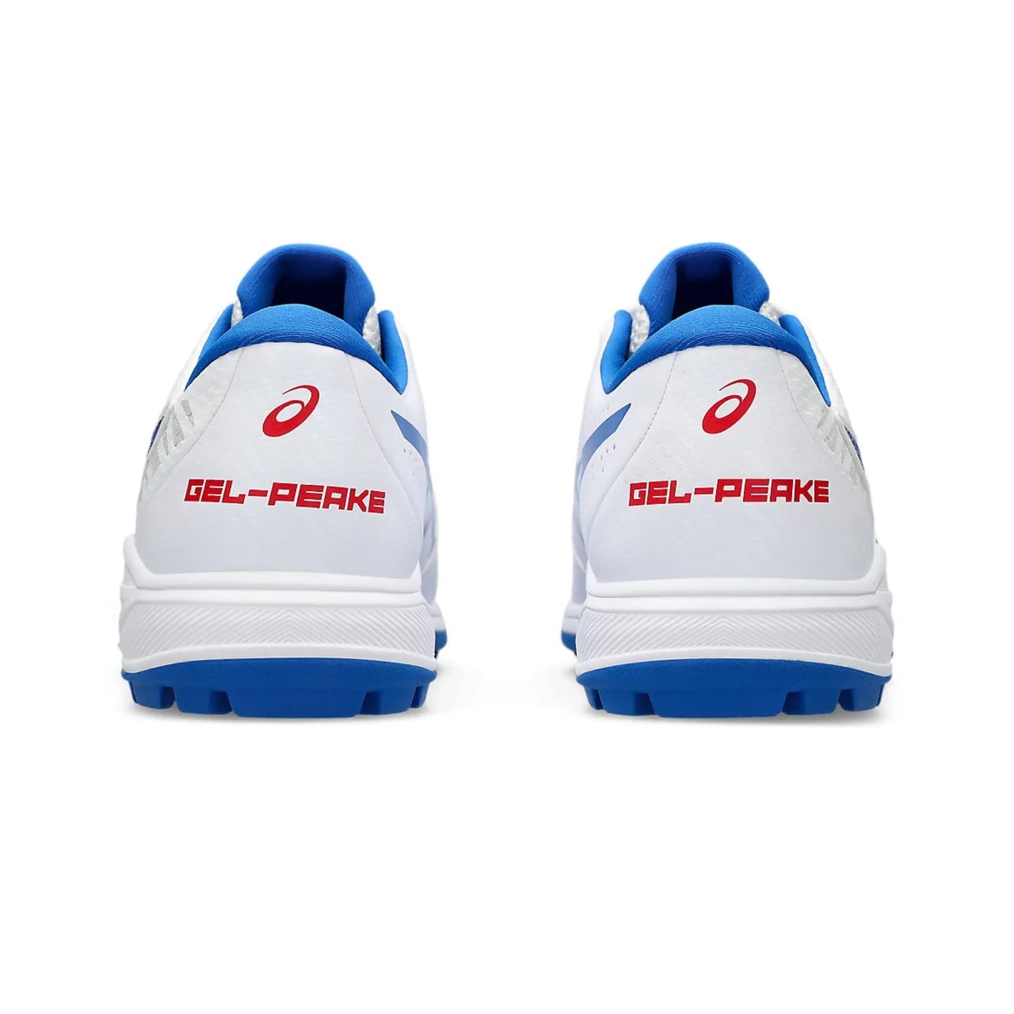 White running shoes with blue soles and red 'Gel-Peake' branding on a white background