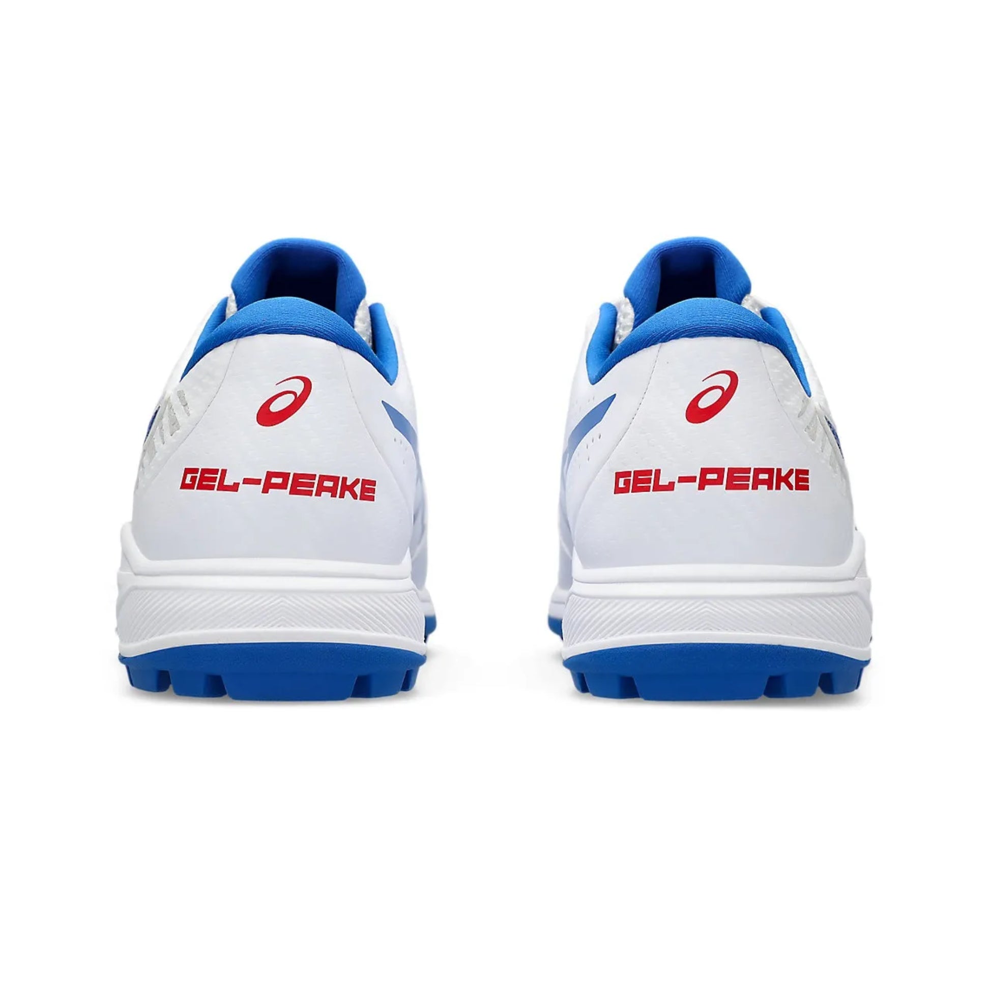 White running shoes with blue soles and red 'Gel-Peake' branding on a white background