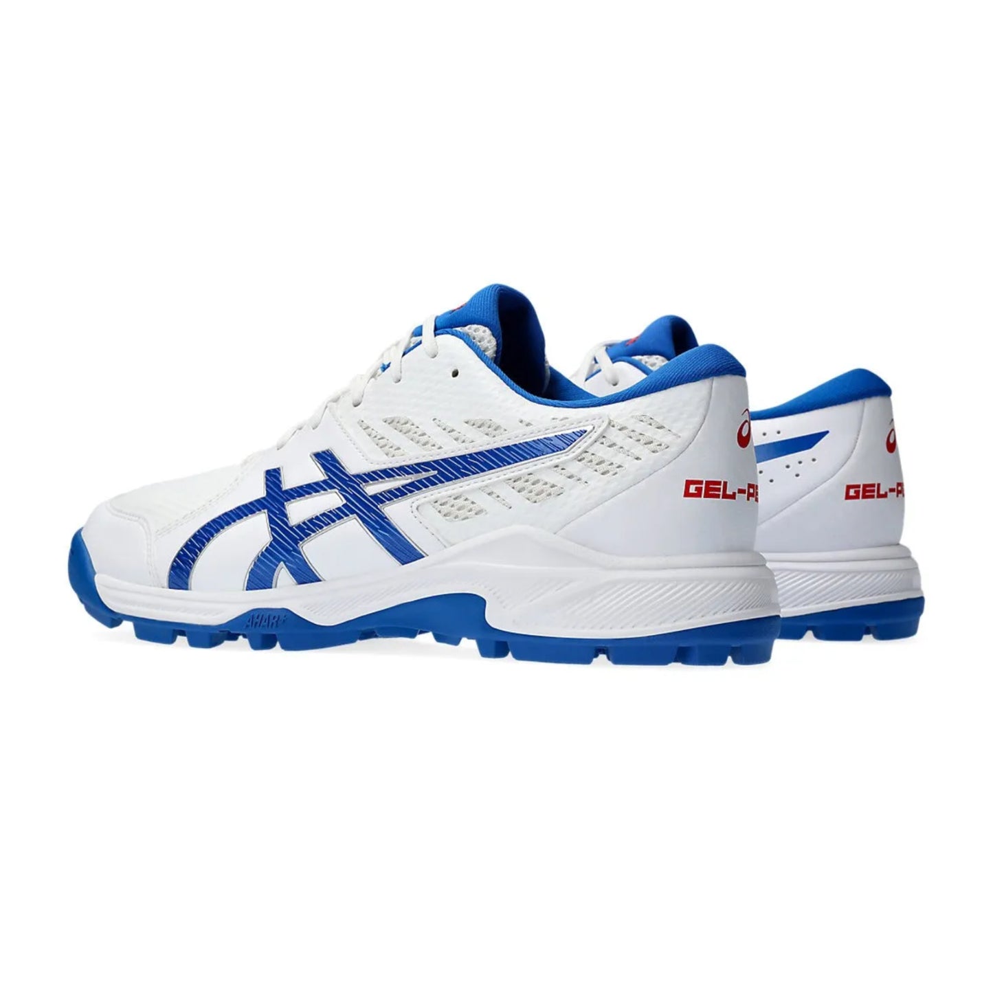 White and blue sports shoes with red text on a white background