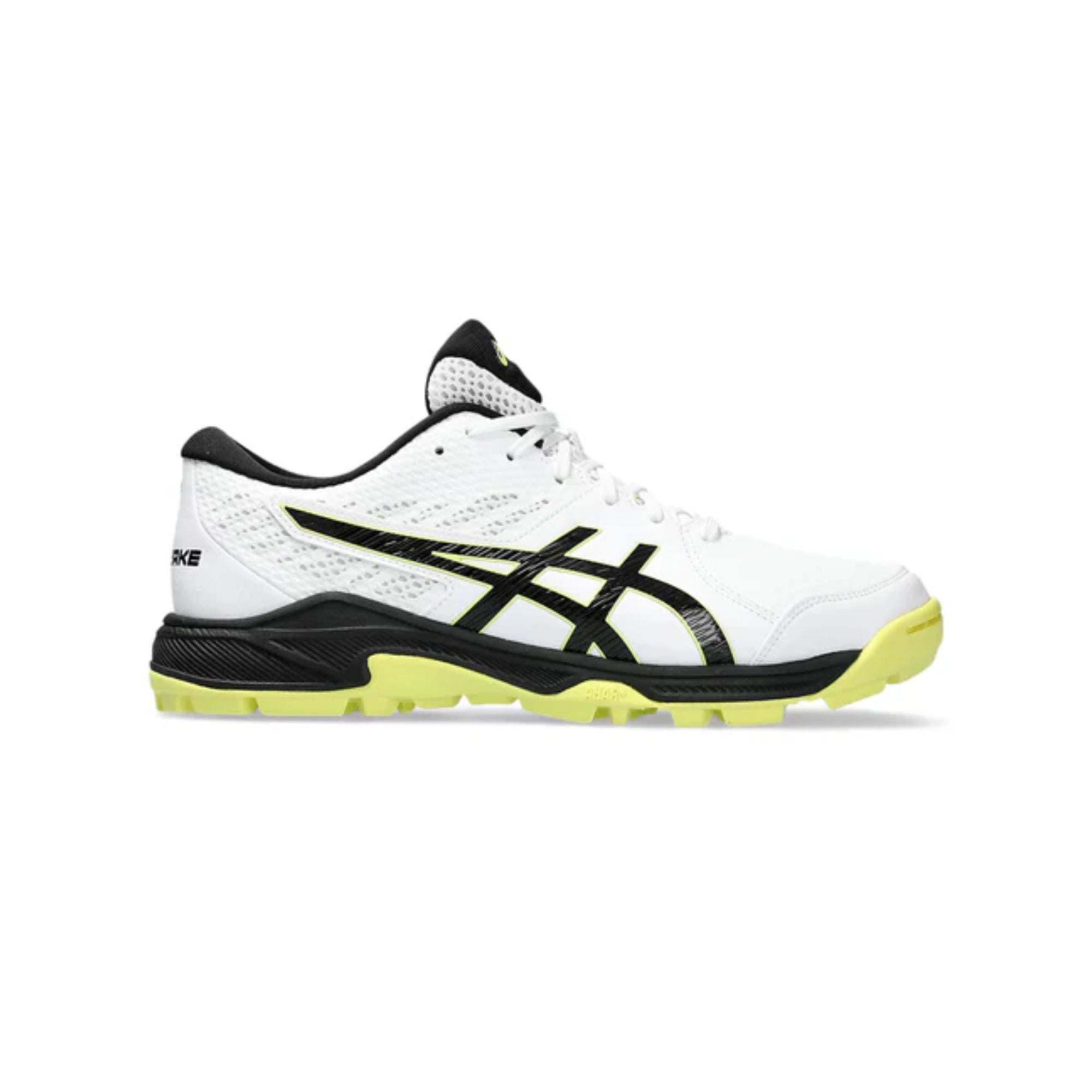 White and black sneaker with yellow sole on a white background