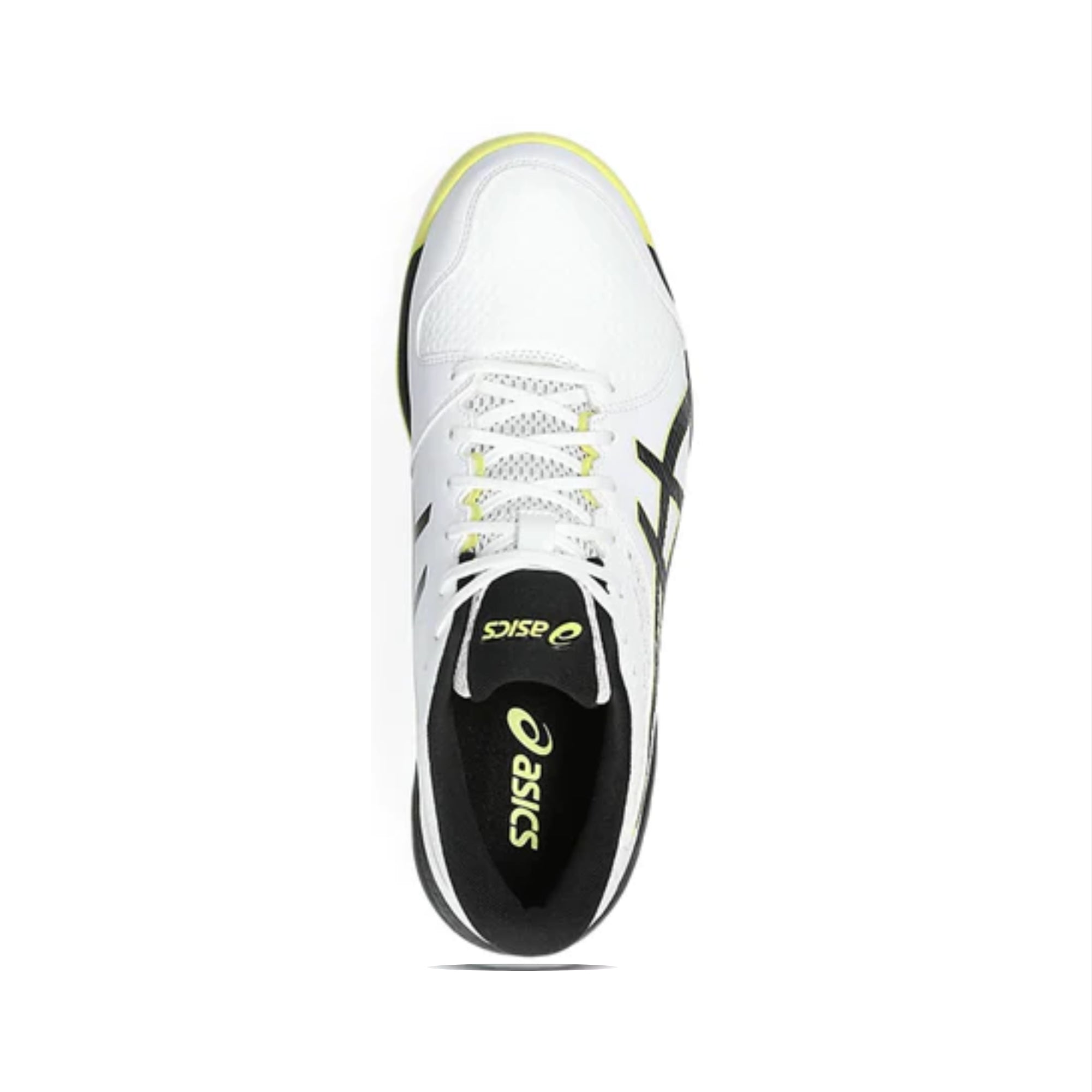 White athletic shoe with black and yellow accents on a white background