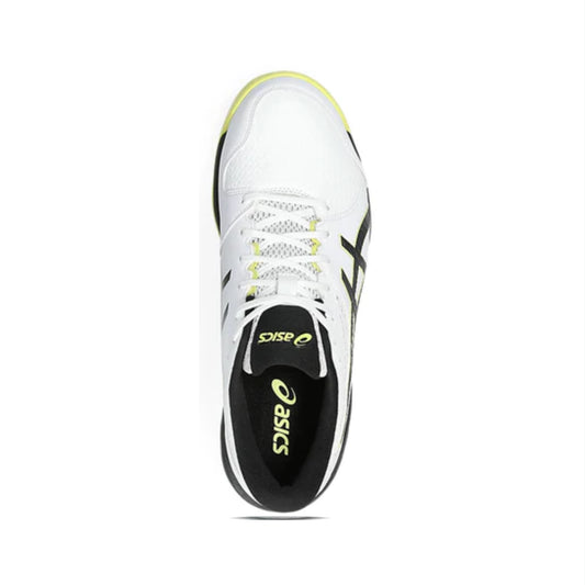 White athletic shoe with black and yellow accents on a white background