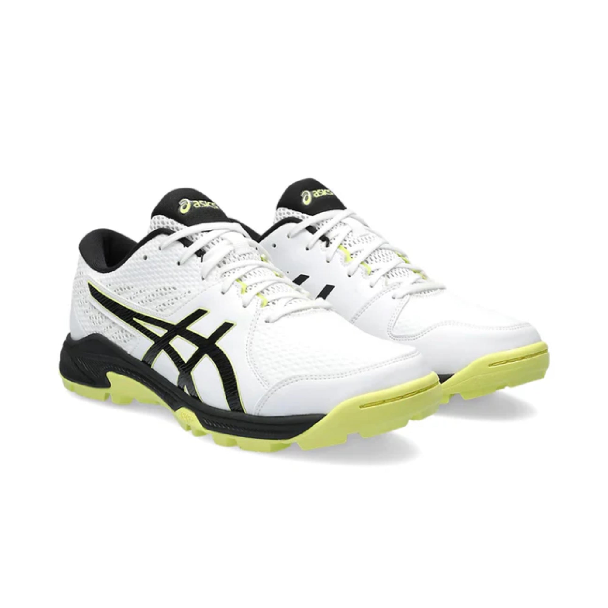 White athletic shoes with black and green accents on a white background