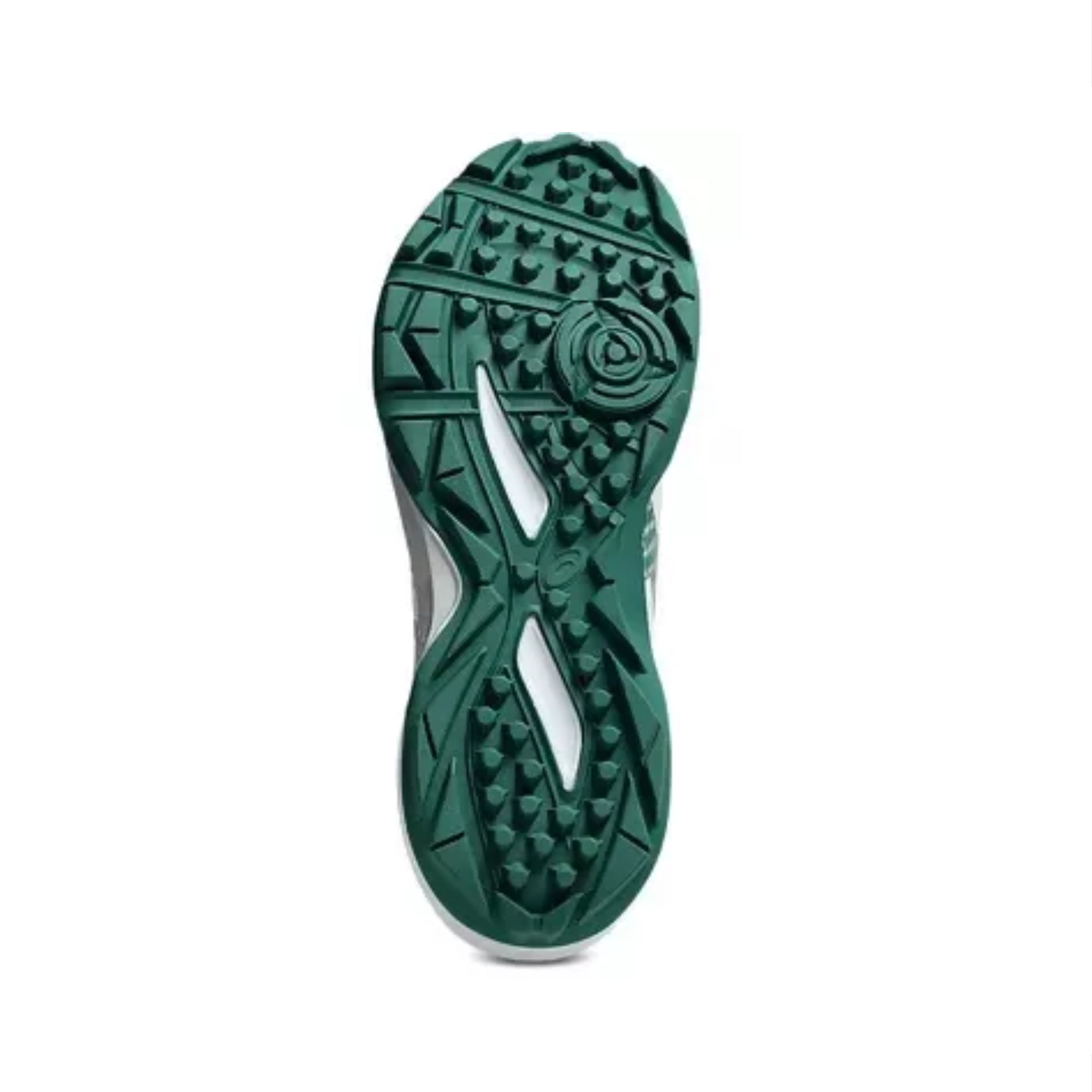 Green sole of a shoe with tread pattern on a white background