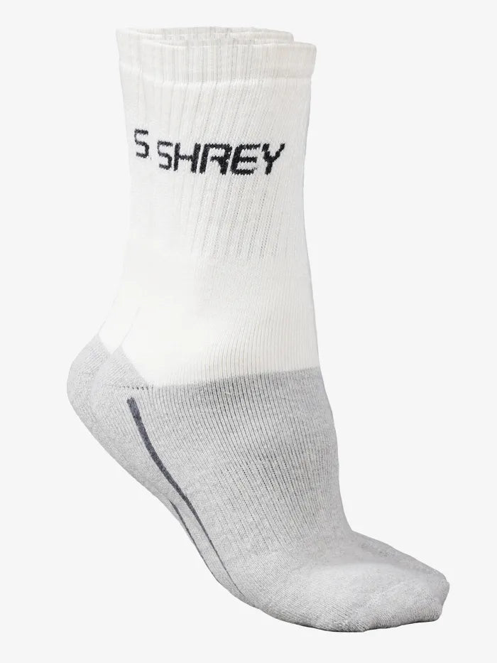 White and gray sock with 'S Shrey' branding on a white background