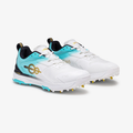 gold spike cricket shoes in white and teal, side view, Apex Stride Sports Karachi