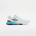 Pitch 18 white and teal cricket spike shoes side view, available at Apex Stride Sports Karachi