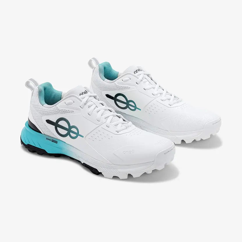 Pair of Pitch 18 white and teal cricket shoes for men, buy online in Pakistan from Apex Stride Sports
