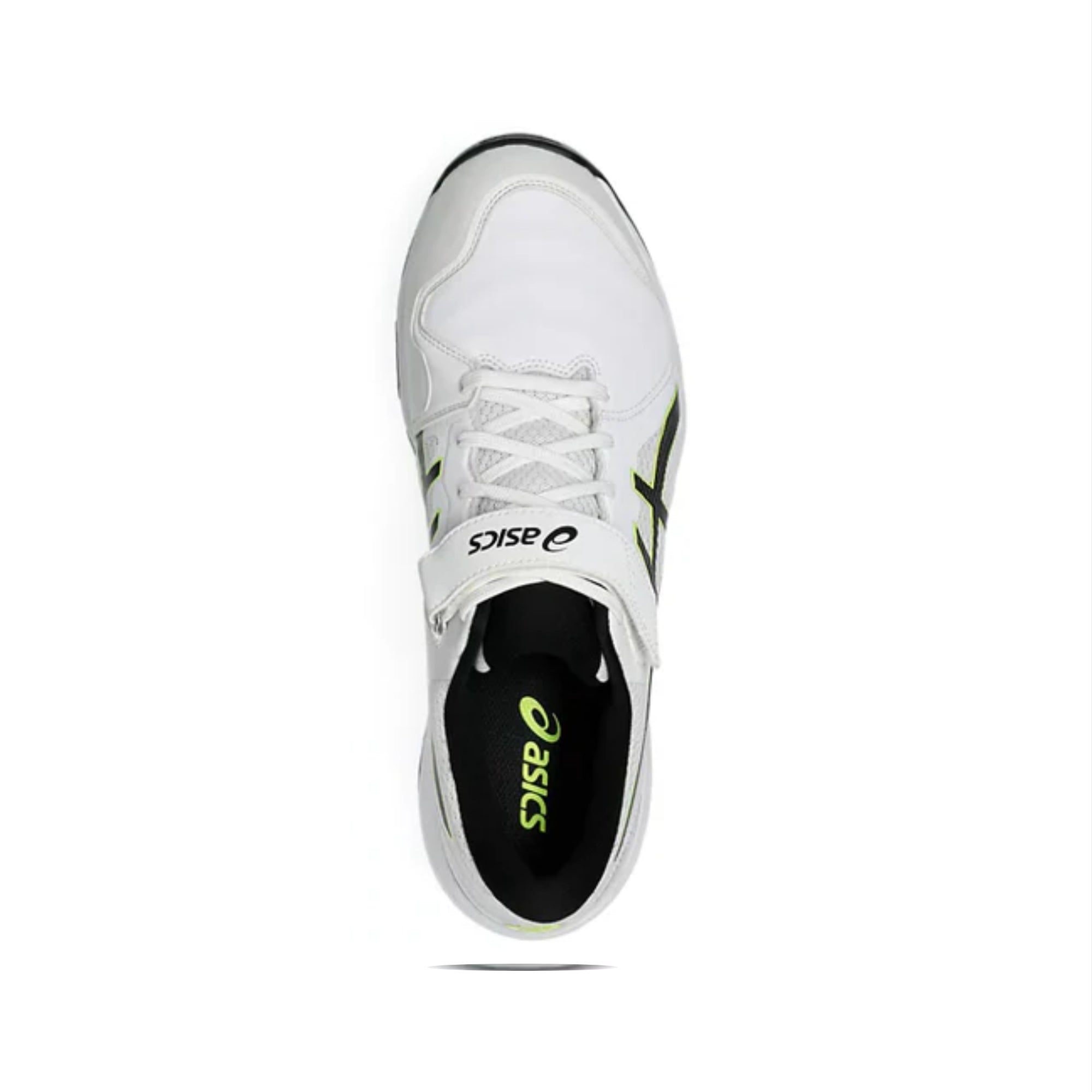 White athletic shoe with black sole on a white background