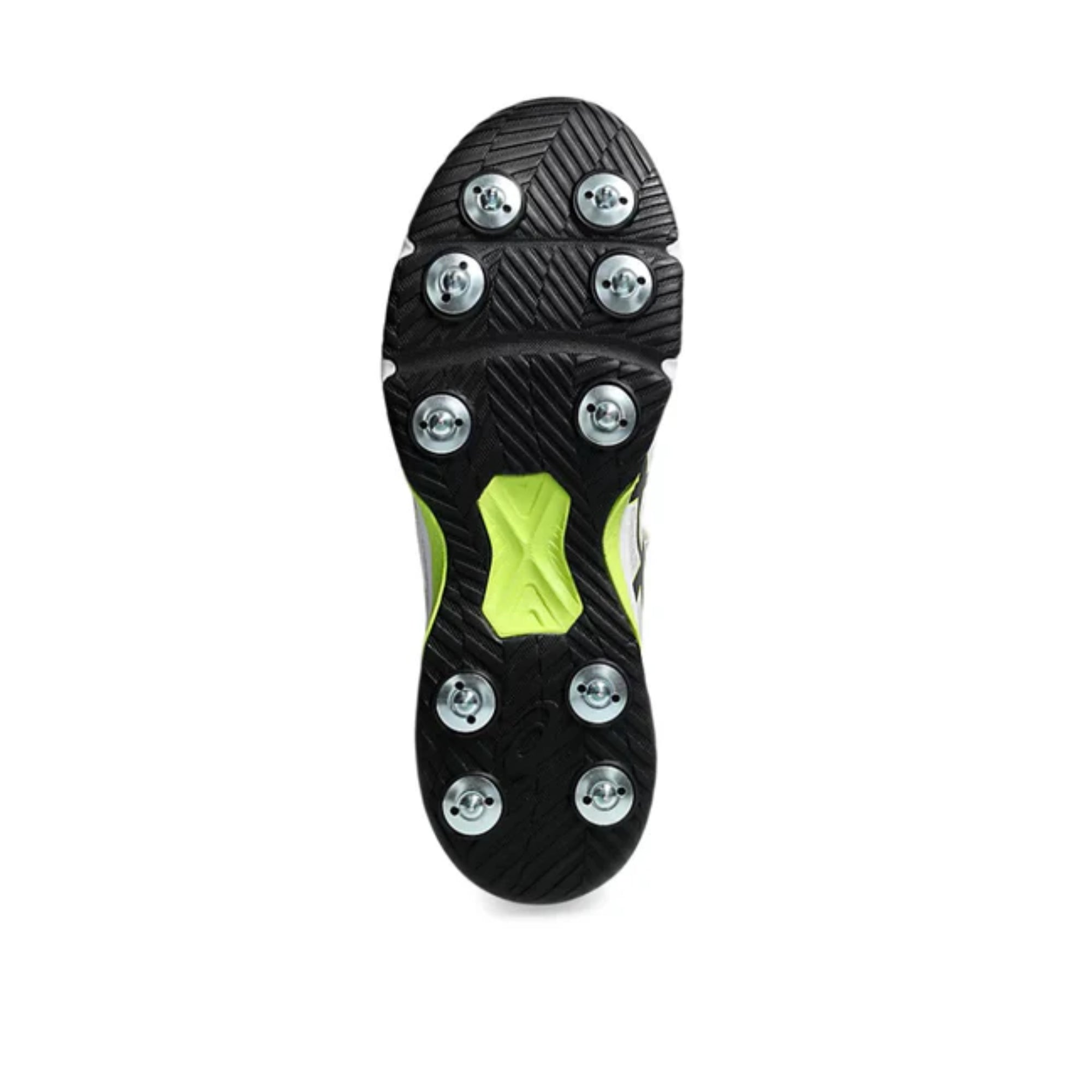 Close-up of a soccer cleat sole with metal studs on a white background