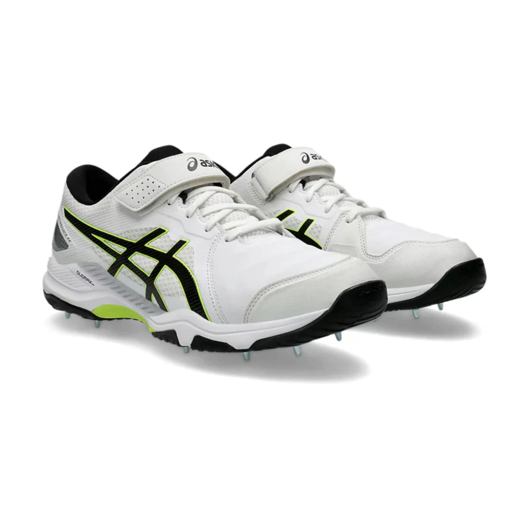 White sports shoes with black and green accents on a white background