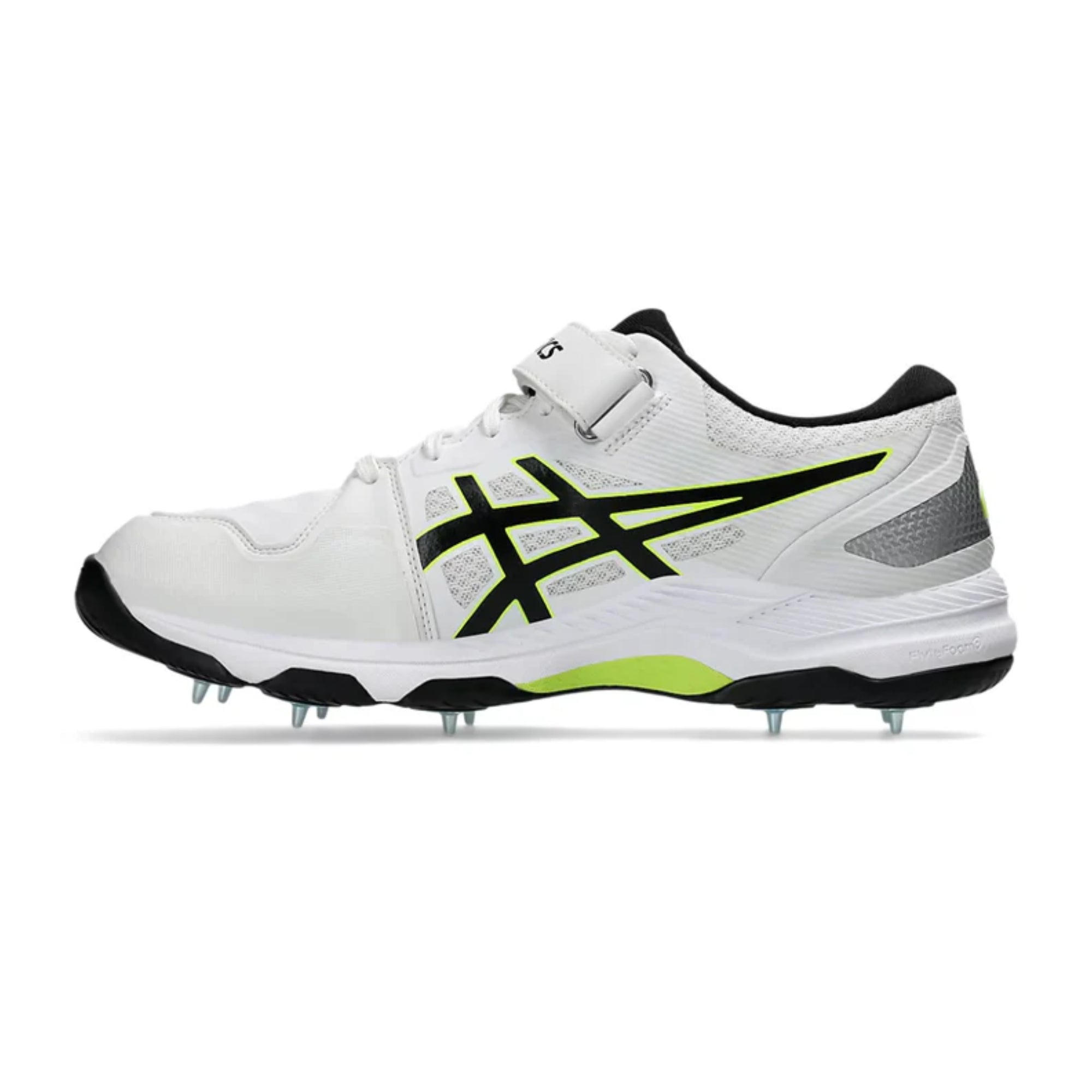White sports shoe with black and green accents on a white background