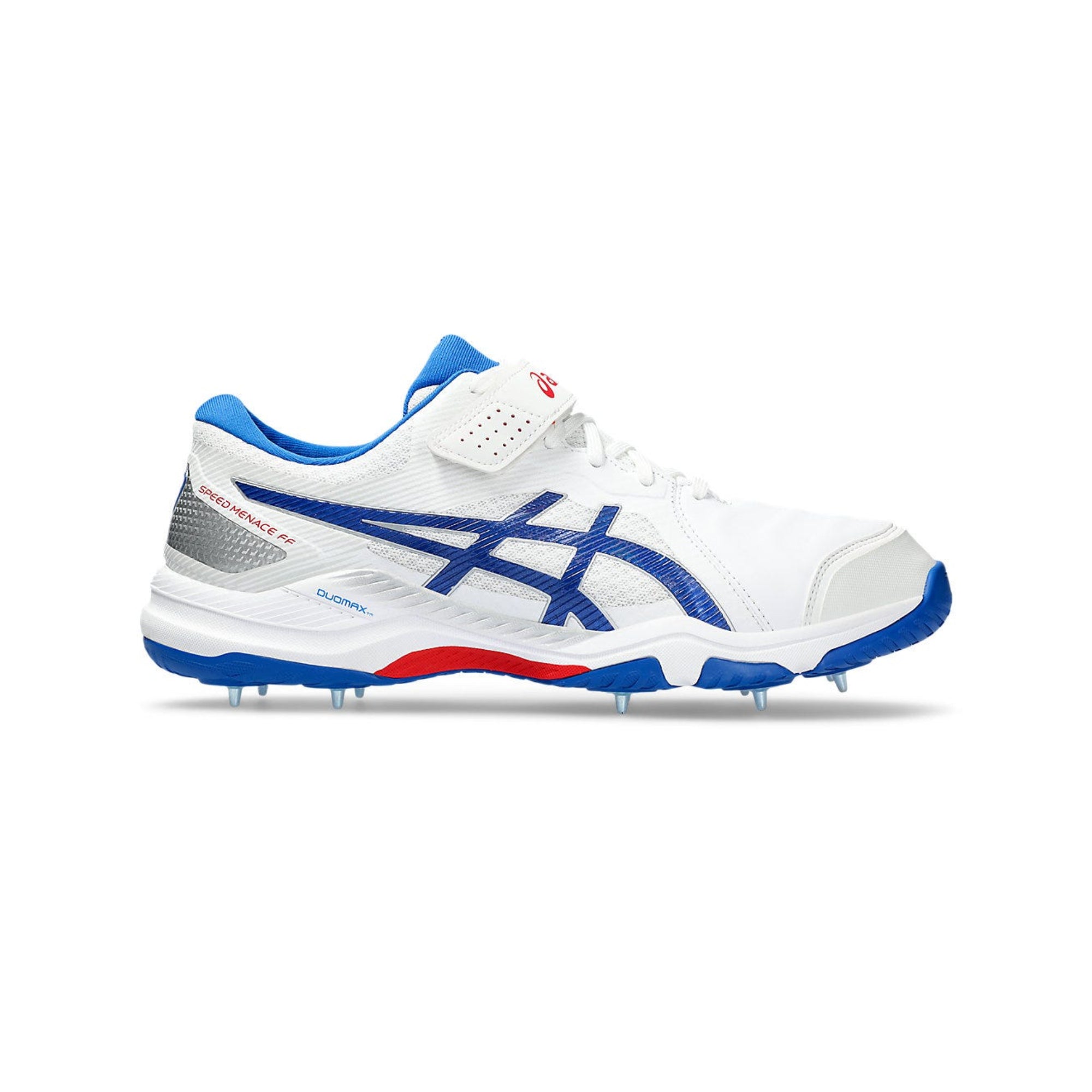 White and blue sports shoe with red accents on a white background