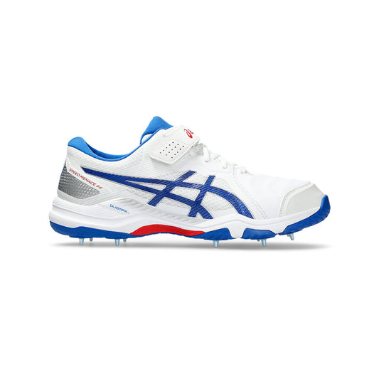 White and blue sports shoe with red accents on a white background